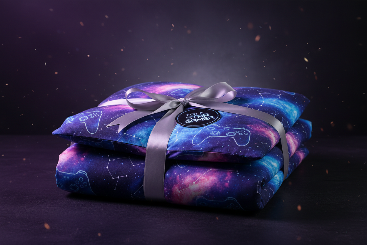 Galaxy gamepad print duvet cover set folded and stacked in gift presentation style