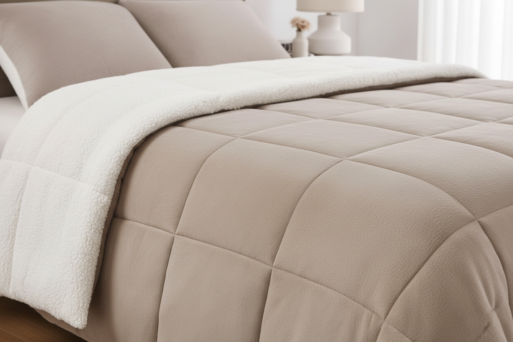 Close-up detail of sherpa sand comforter showing sand micromink top with box stitching and plush cream sherpa reverse