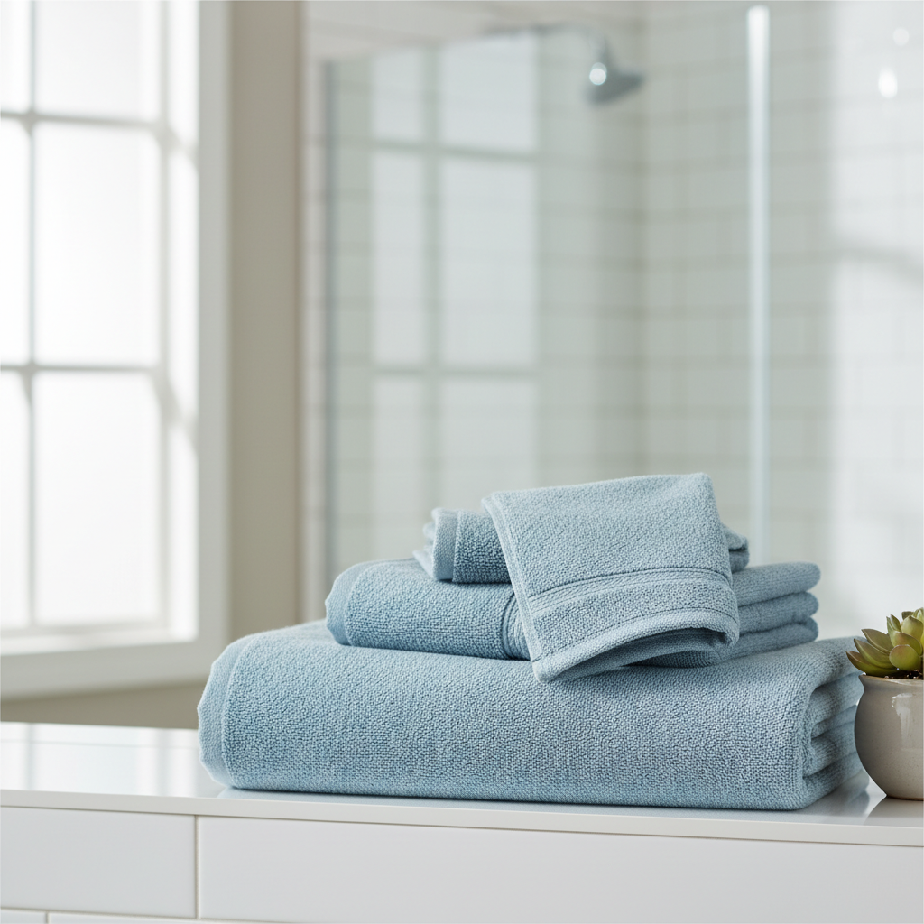 Light blue microfiber towel set folded on bathroom shelf