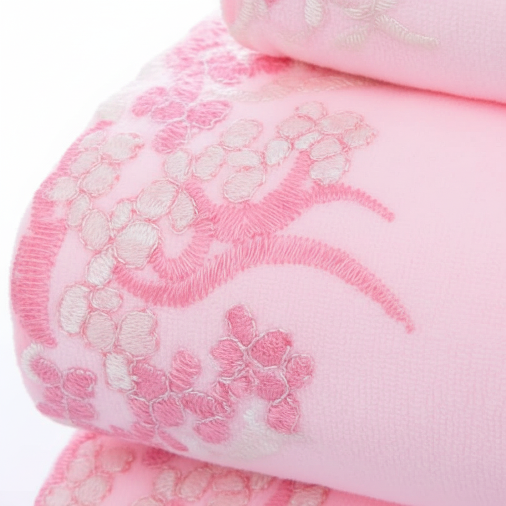 Close-up of soft pink plush bath towel showing delicate floral lace border and loop pile texture