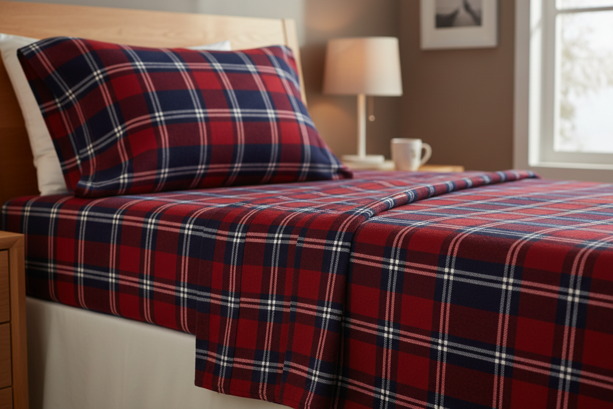 Red and blue plaid 100% cotton flannel twin sheet set on a cozy bed
