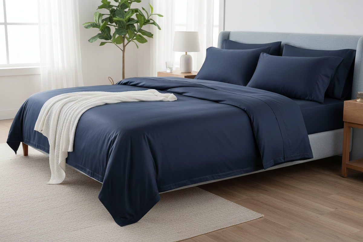 Navy bamboo blend sheet set side lifestyle angle showing silky sheen and envelope pillowcases