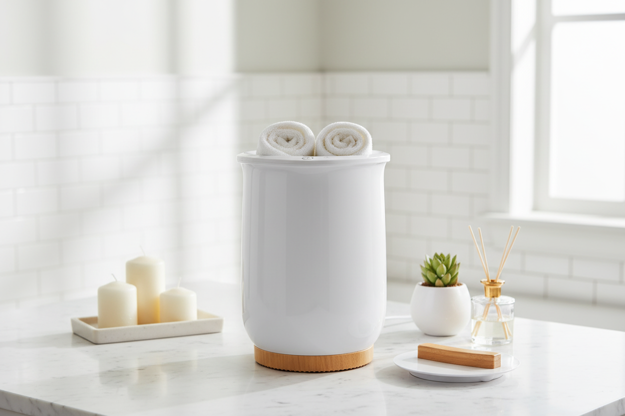 White bucket towel warmer with bamboo base and lid on a white marble bathroom countertop with rolled towels inside, candles and plants