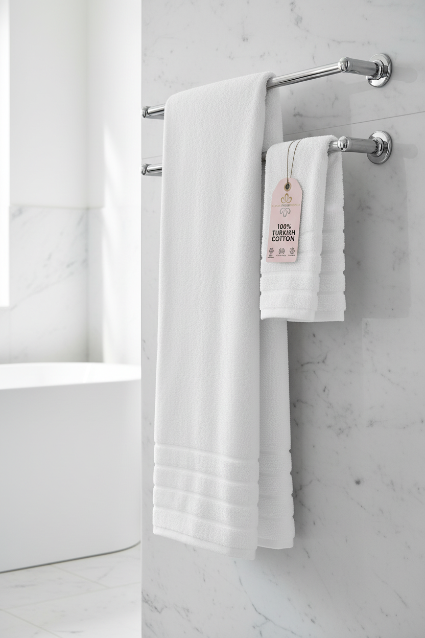 White ribbed Turkish cotton bath and hand towels hanging on chrome towel rail in marble bathroom