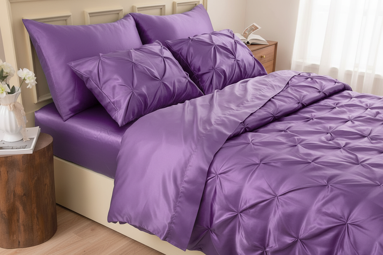 Lavender satin pinch pleat comforter set on a king bed, side profile lifestyle shot