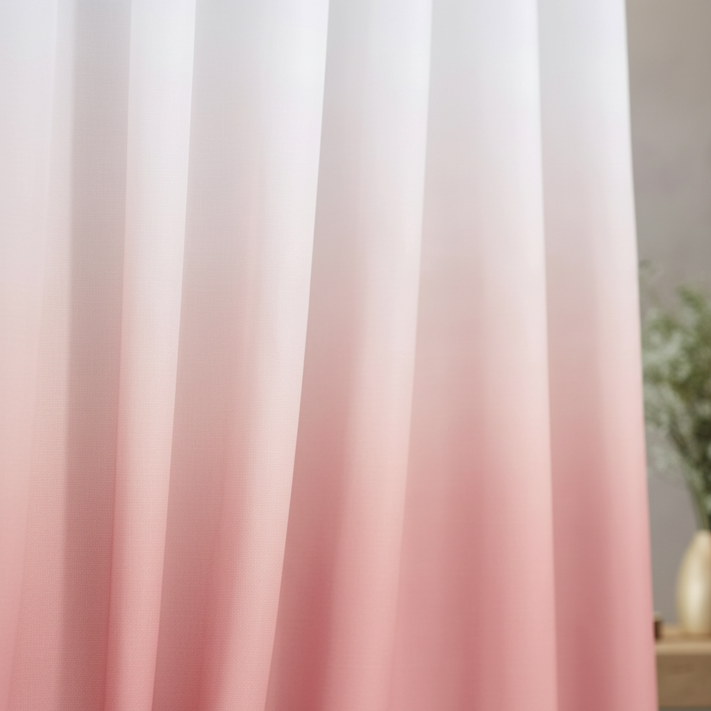 Close-up of white to blush pink ombre gradient shower curtain fabric showing smooth seamless colour transition