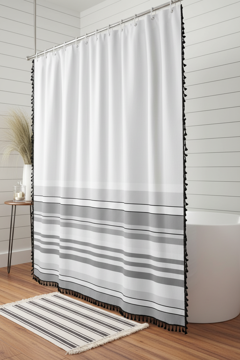 Full length white and grey striped shower curtain with black tassel trim showing extra long 96 inch drape in a modern farmhouse bathroom