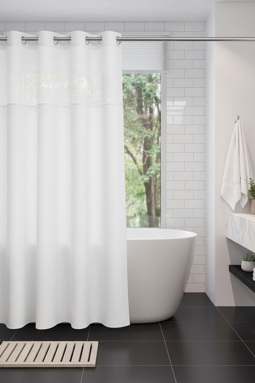 White waffle weave hookless shower curtain in minimal Scandi bathroom with subway tiles
