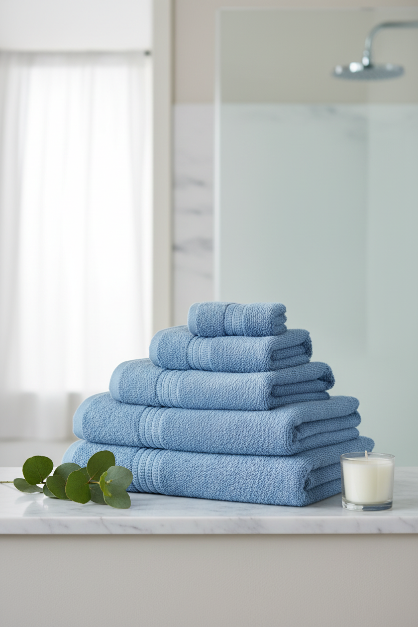 Sky blue organic cotton towels folded on marble bathroom shelf