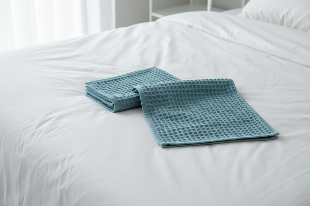 Blue cotton waffle towel set laid on white hotel linen