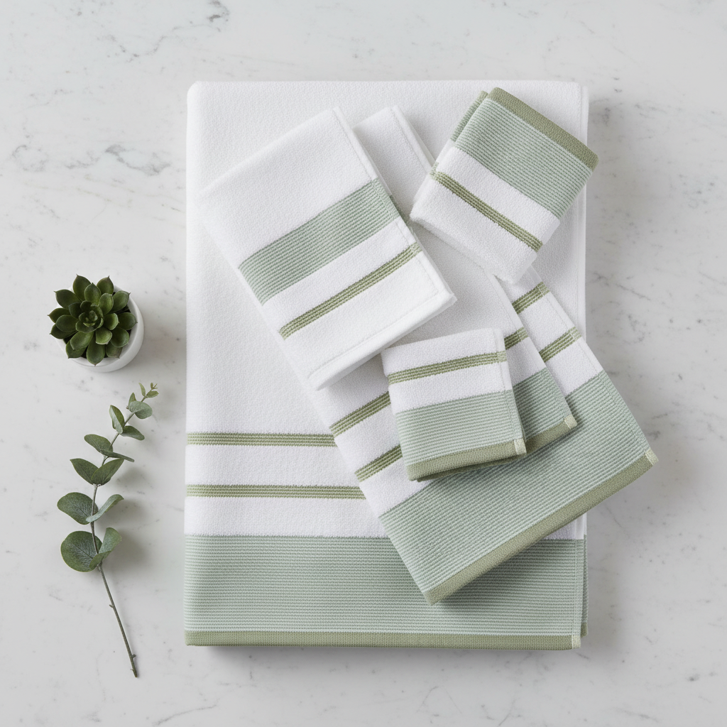 Flat lay of white and sage green stripe 6-piece towel set on marble surface with eucalyptus