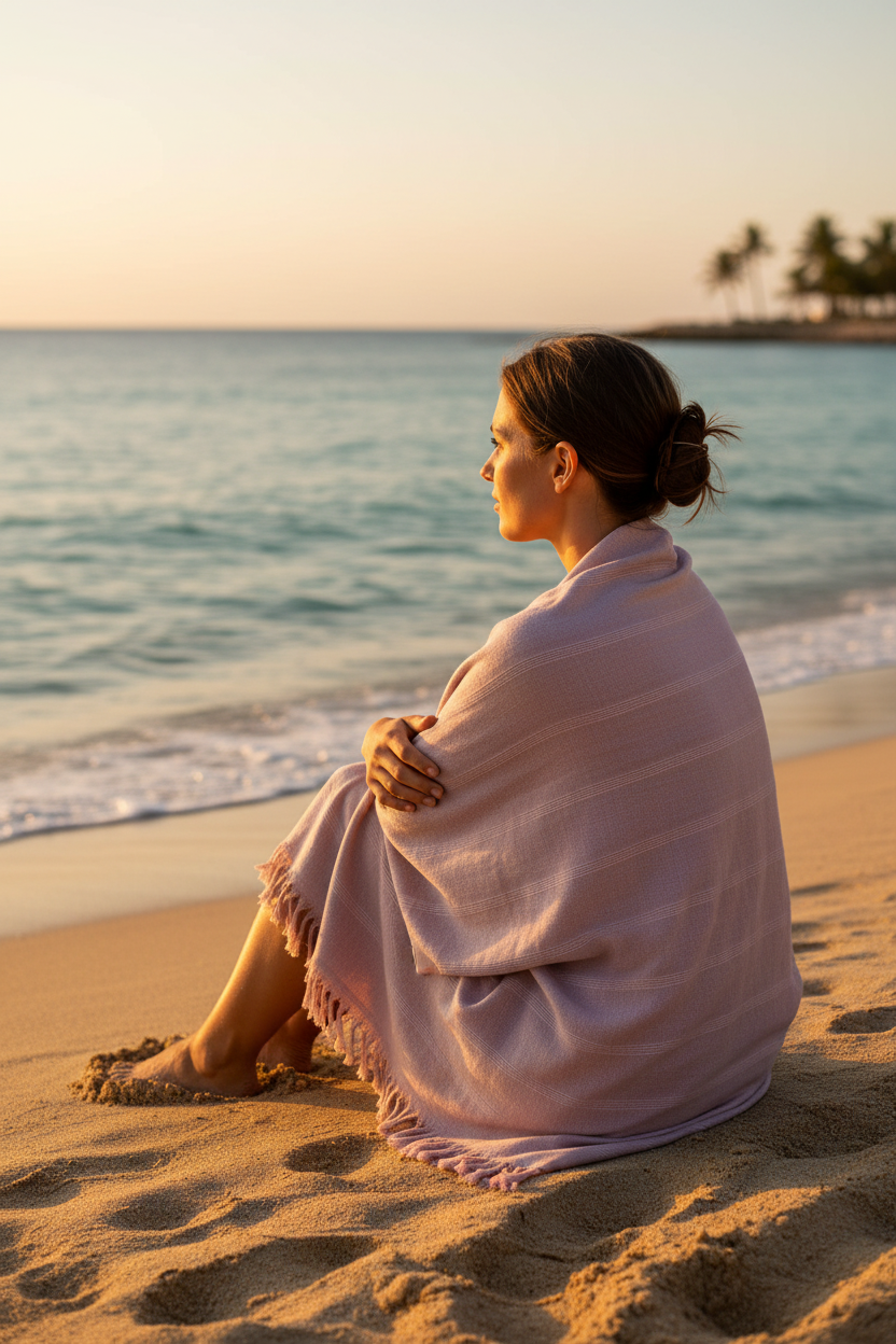 Woman on a sunny beach wrapped in a dusty rose flat-woven Turkish hammam towel with eyelash fringe looking out at the ocean