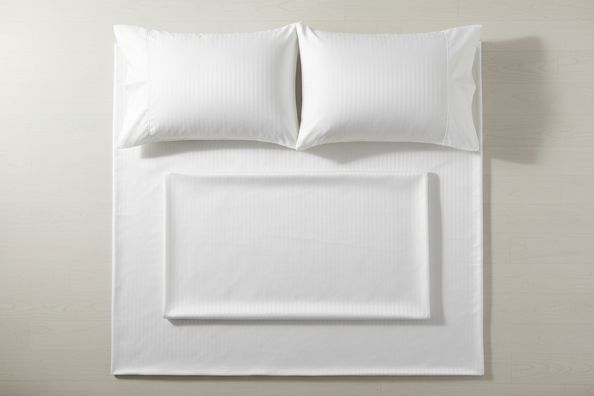 White cotton satin stripe bed linen set flat lay