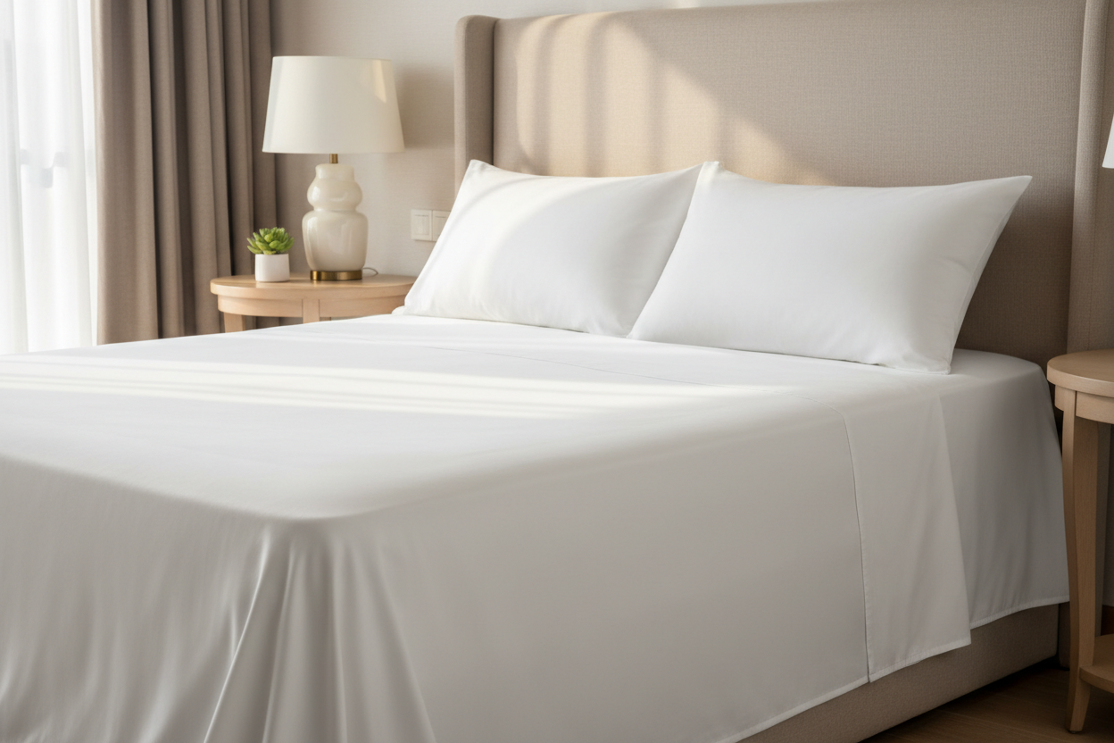 1000TC Sateen Sheet Set in Bright White on a double bed