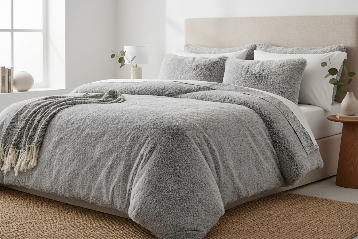 Light grey faux fur plush sheet set styled on a king-size bed in a luxury spa-minimal bedroom