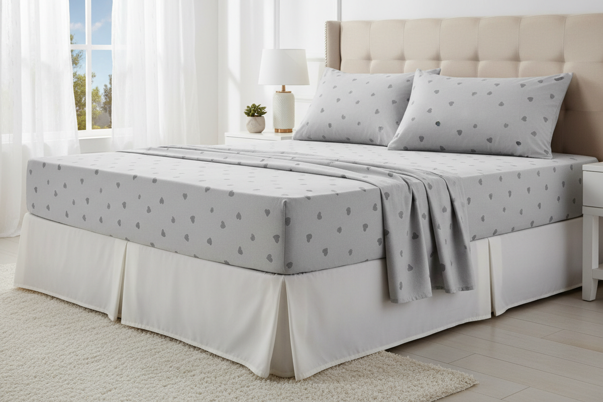 Light gray heart print sheet set side lifestyle angle showing fitted sheet and pillowcases