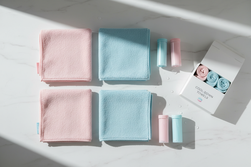 Cooling Towels 4-Pack flat lay showing 2 macaron pink and 2 macaron blue towels