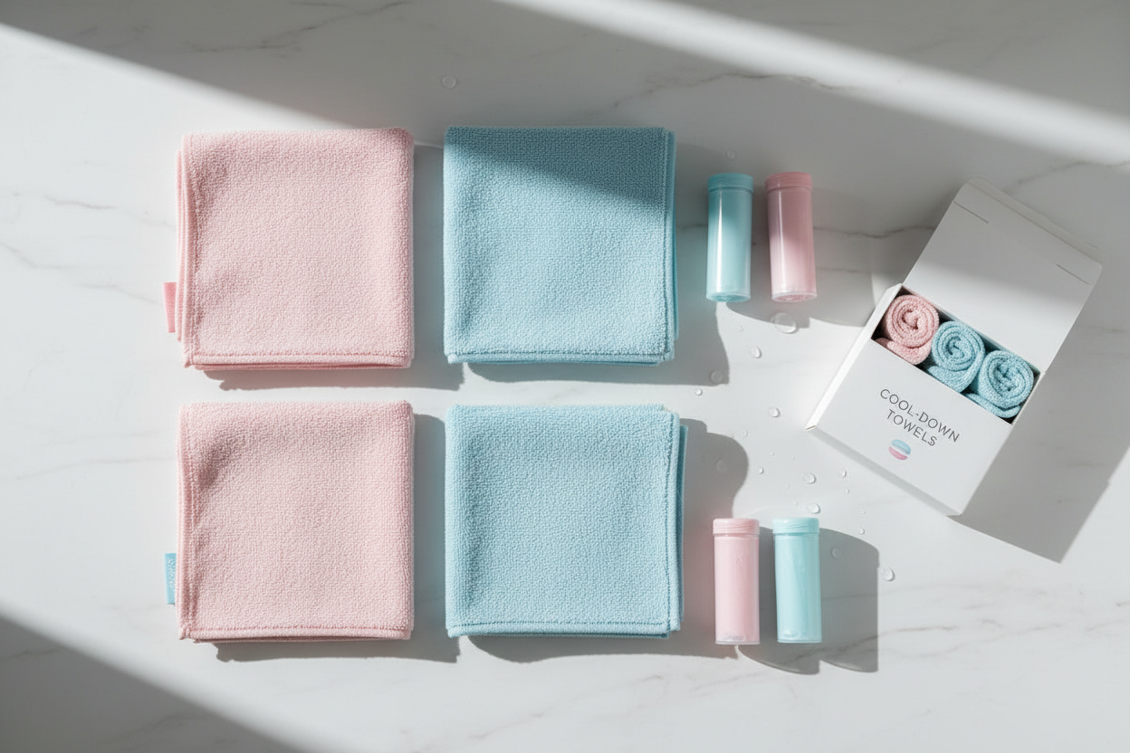 Cooling Towels 4-Pack flat lay showing 2 macaron pink and 2 macaron blue towels