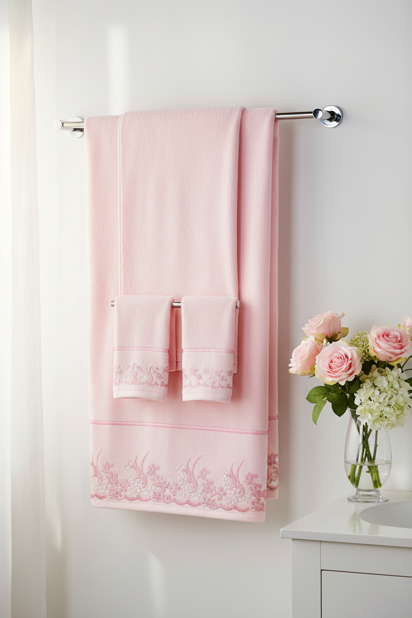 Pink plush bath and hand towels with floral lace border hanging on white towel rail