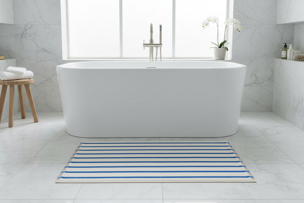 White and cobalt blue striped Turkish cotton bath mat in spa bathroom lifestyle shot