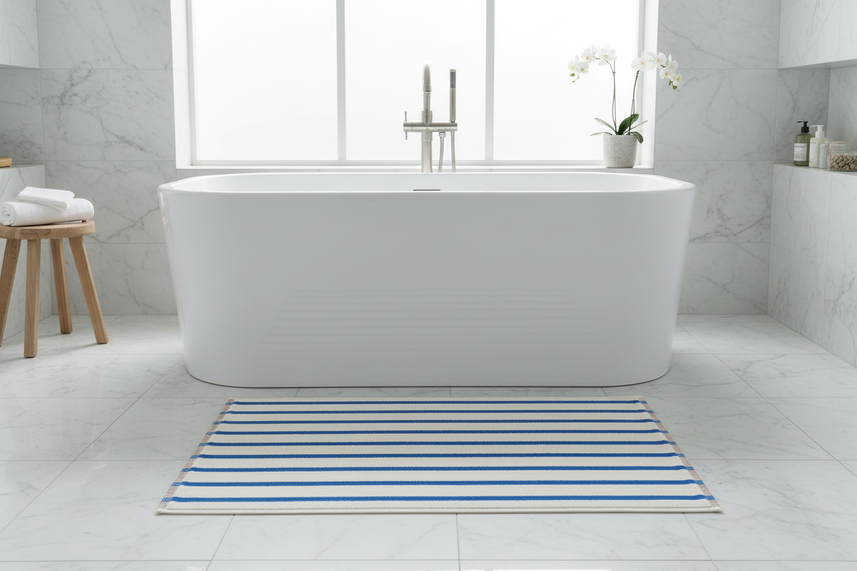 White and cobalt blue striped Turkish cotton bath mat in spa bathroom lifestyle shot