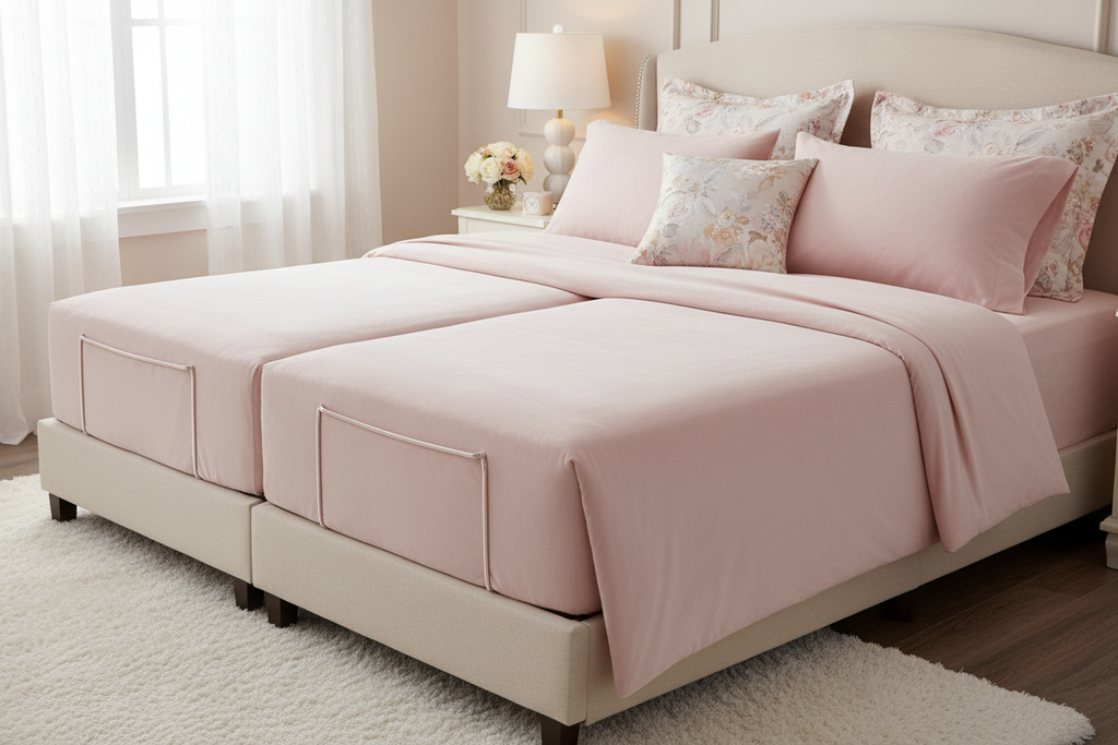 Light pink extra deep split king sheet set on adjustable bed