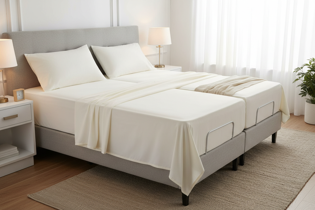 Off white extra deep split king sheet set on adjustable bed
