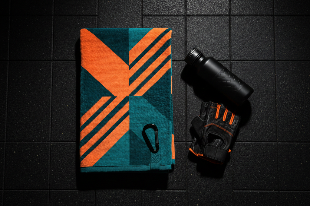 RokFit Gym Towel - dark gym flat lay with water bottle and gloves