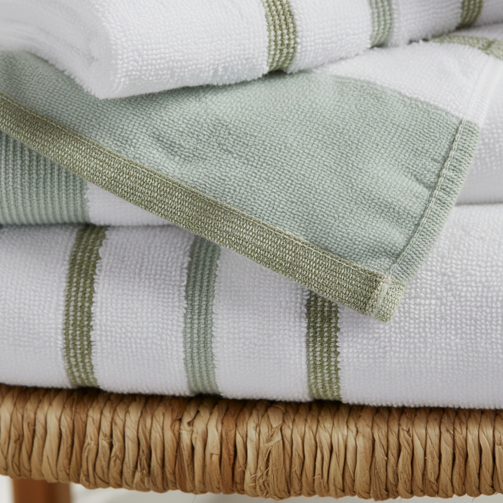 Close-up of sage green decorative stripe detail on white combed cotton bath towel