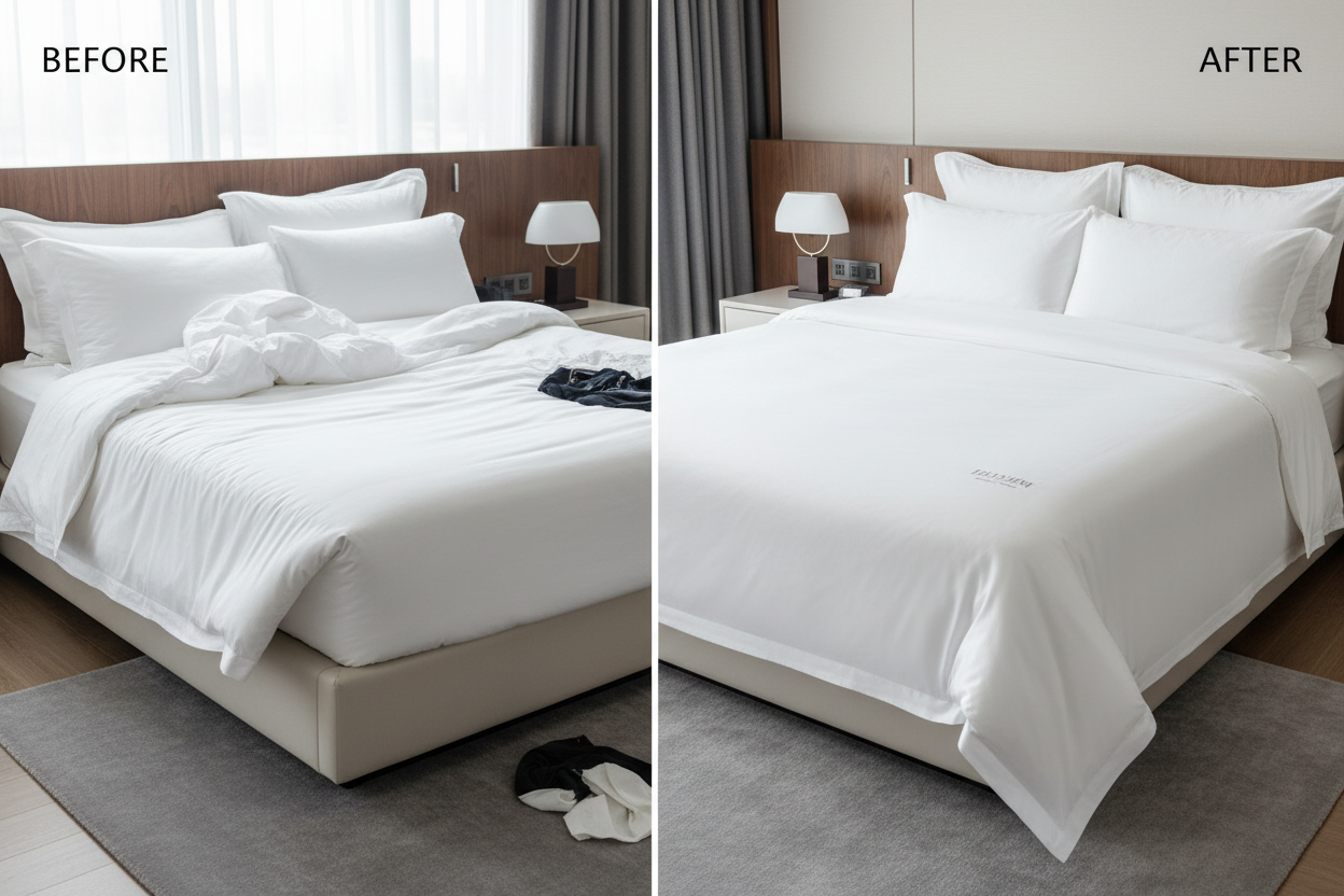 Neatly made bed with perfectly smooth sheets held in place