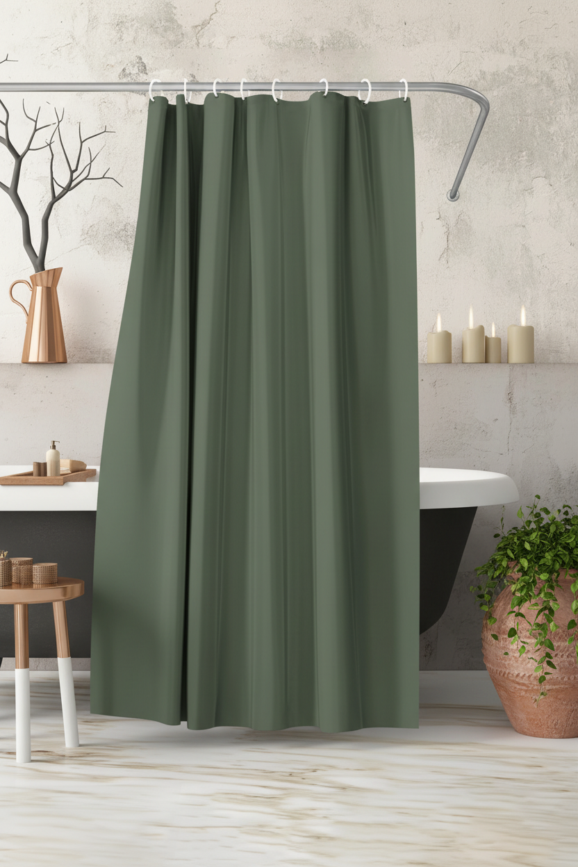 Olive green shower curtain partially drawn revealing white freestanding bath with terracotta plant and wooden accessories