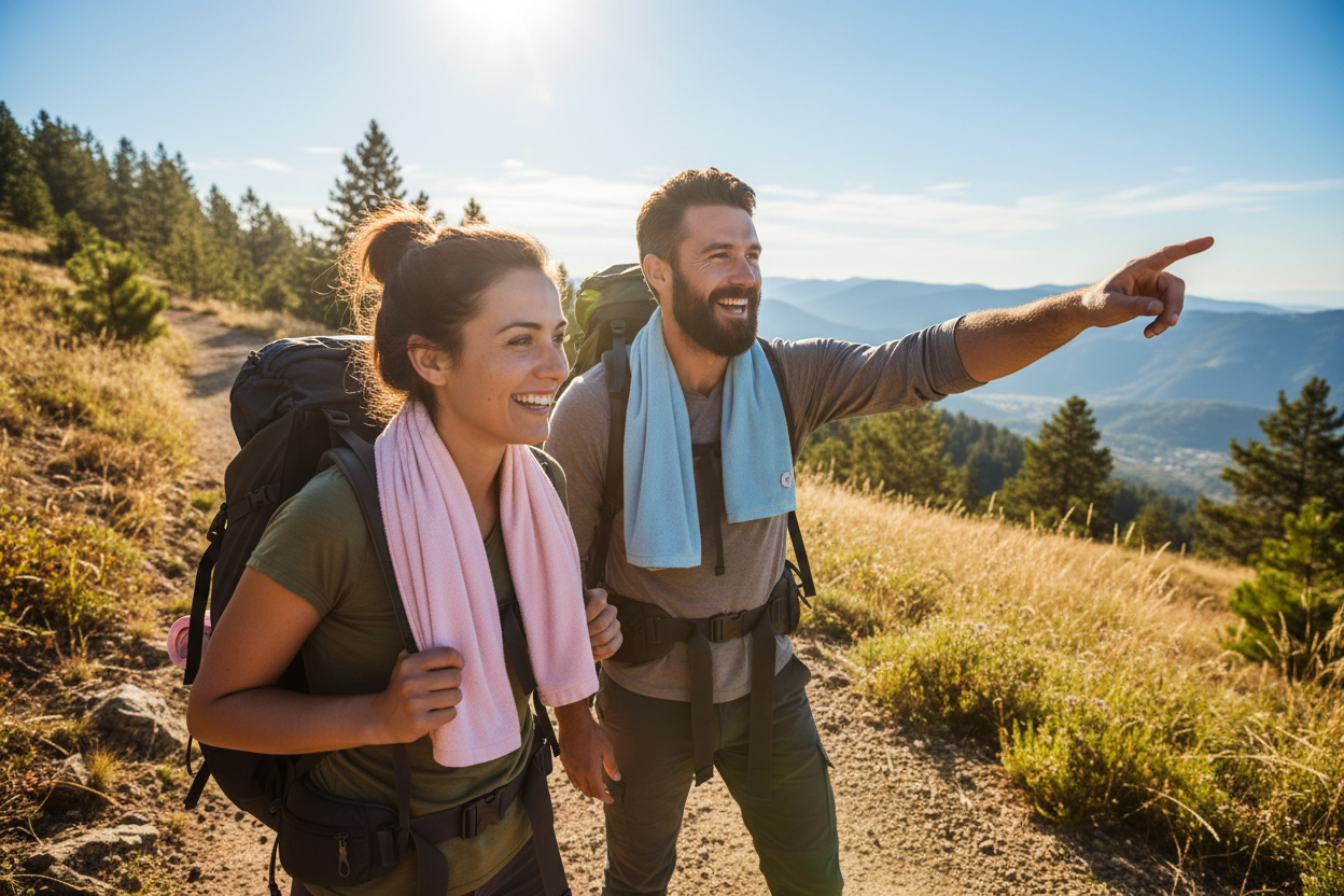 Cooling Towels - two friends hiking wearing pink and blue cooling towels