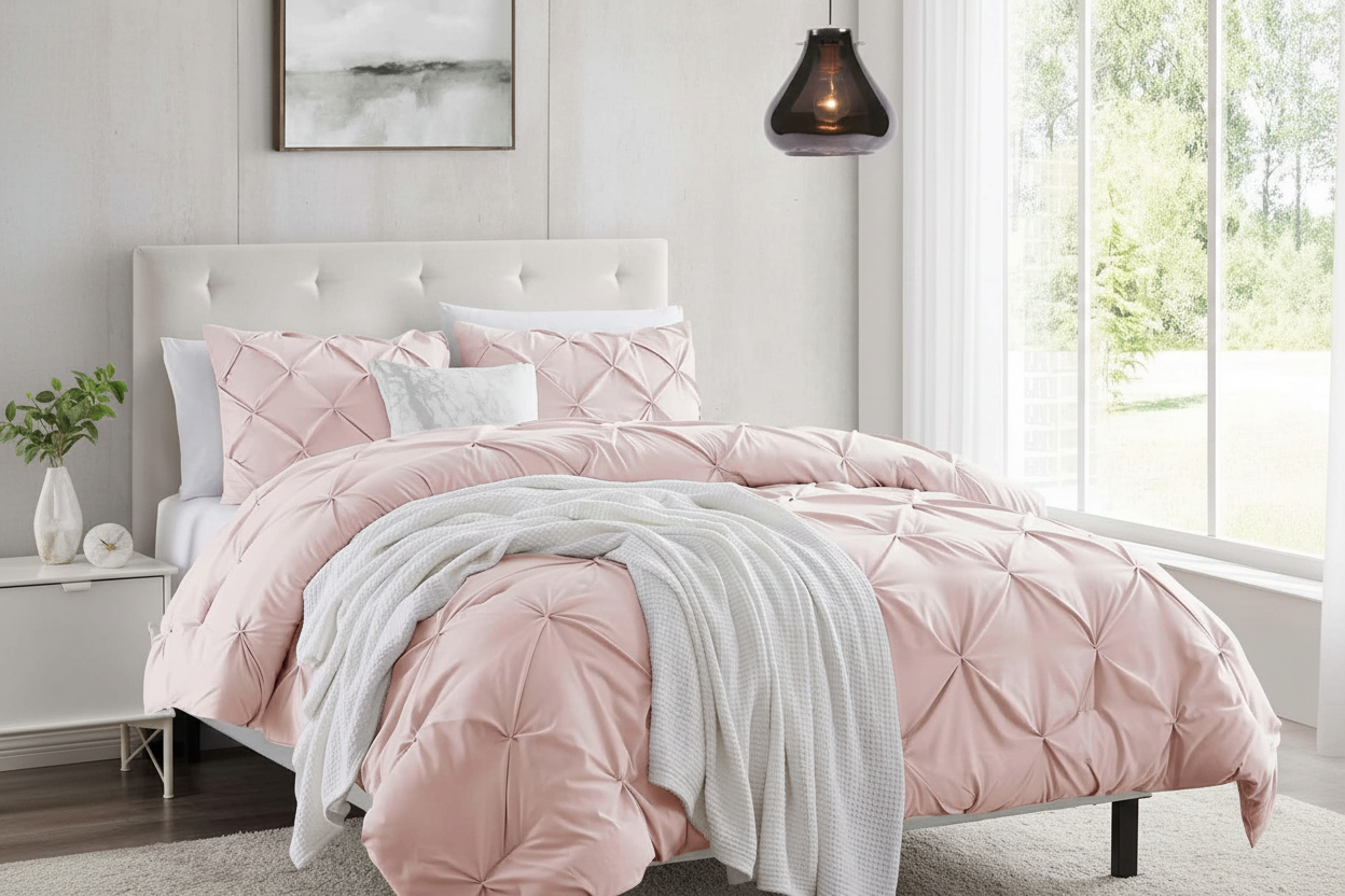 Blush pink pintuck duvet cover set on king bed with white tufted headboard, grey throw and garden window
