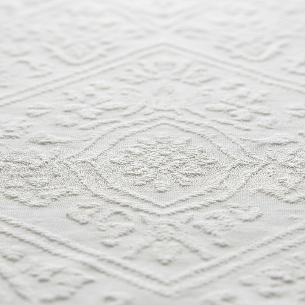 Close-up of white jacquard woven fabric texture with boho pattern detail