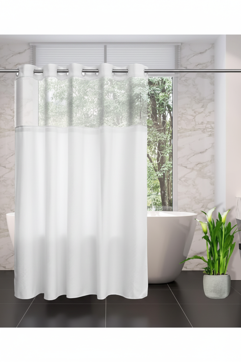 White waffle weave shower curtain in luxury spa bathroom with freestanding bath and marble tiles