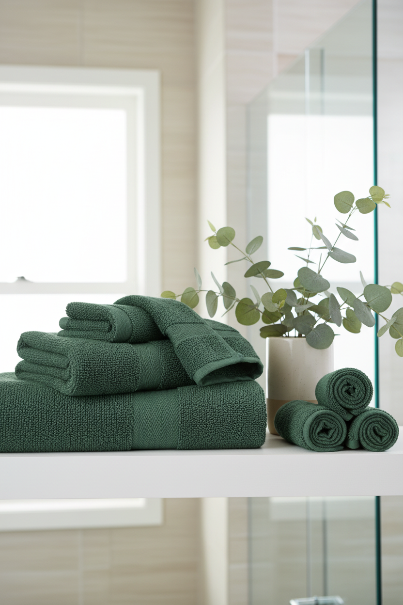 Hunter green popcorn textured cotton towels folded on white bathroom shelf with eucalyptus