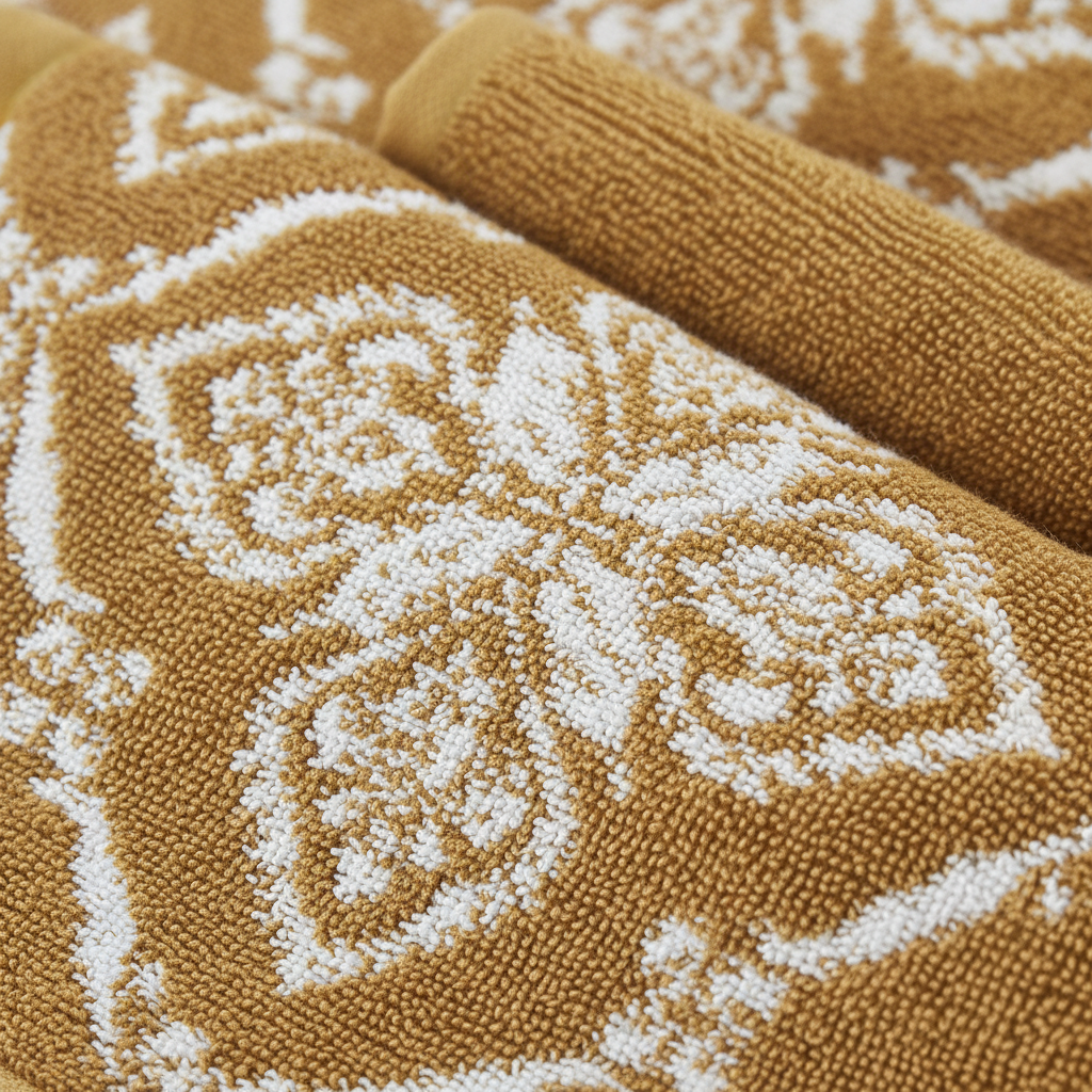 Close-up of gold 550 GSM combed cotton jacquard towel showing ornate filigree woven pattern