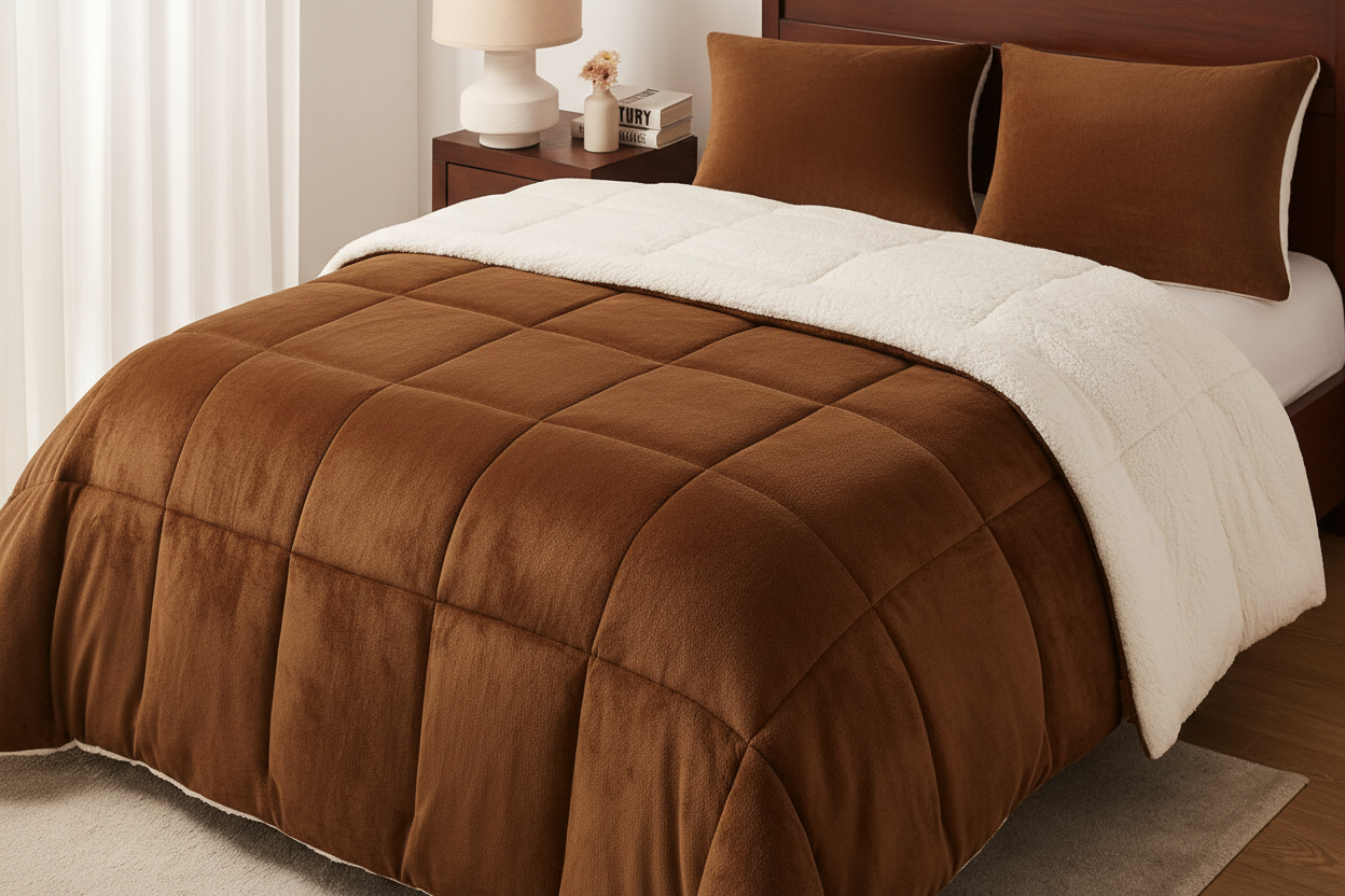 Side angle view of king bed dressed in brown sherpa comforter set in a cosy warm bedroom with amber lighting