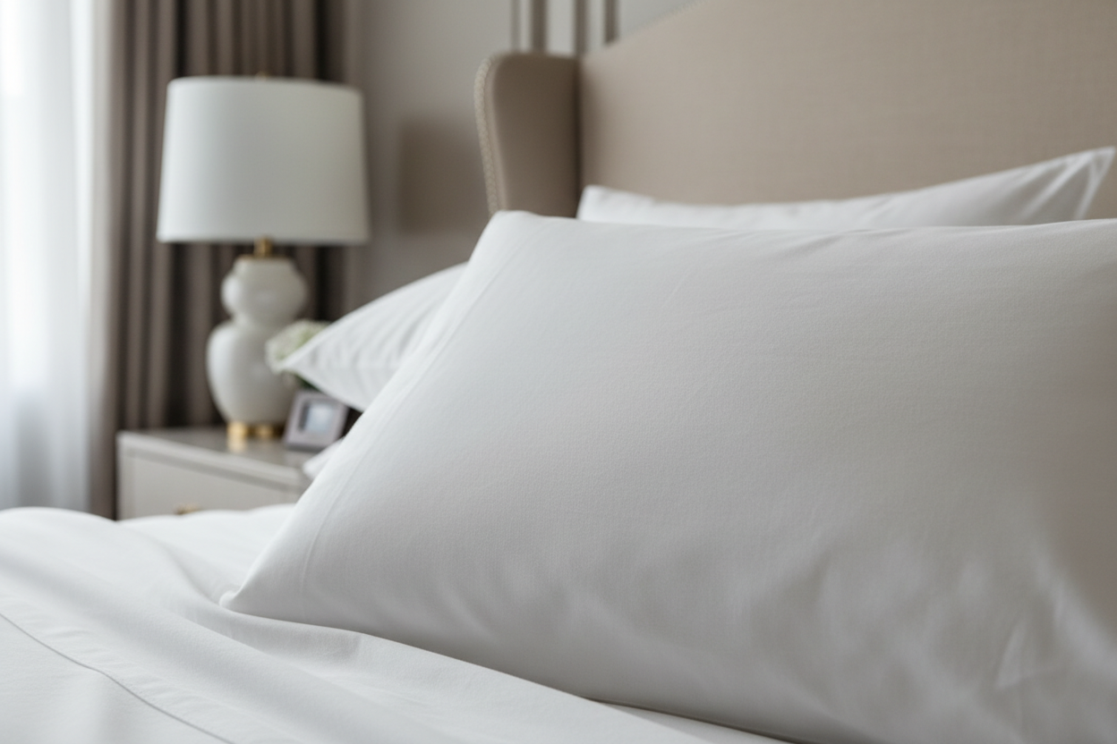 White organic cotton percale pillowcase close-up showing crisp matte texture