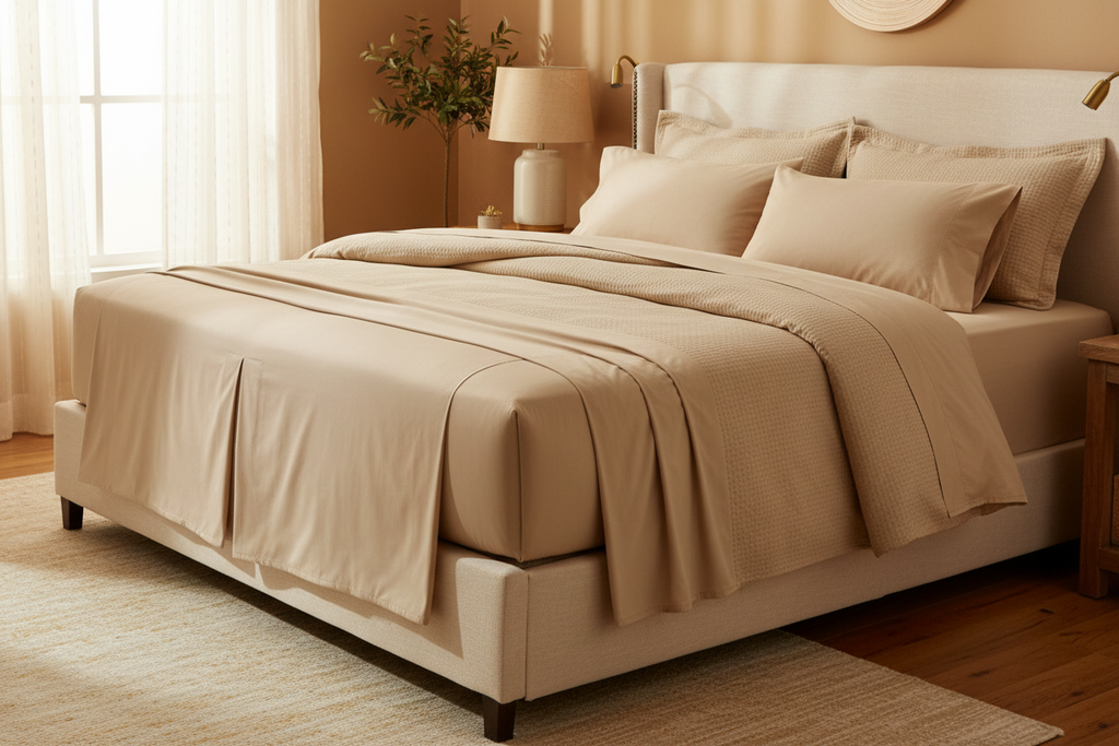 Wheat extra deep split king sheet set on adjustable bed