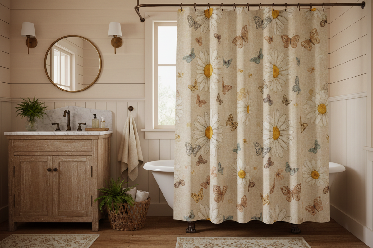 Rustic floral farmhouse shower curtain side lifestyle angle in vintage bathroom