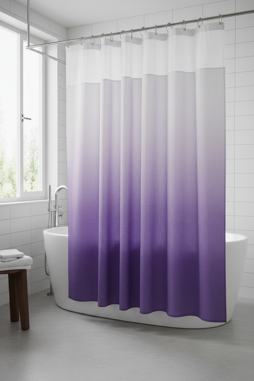 Purple ombre waffle shower curtain hanging in a modern bathroom with freestanding bath and sheer top valance letting light through