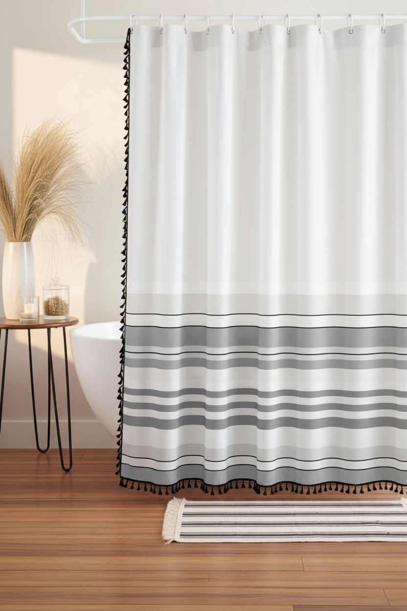White and grey striped shower curtain with black tassel fringe in a warm Scandinavian bathroom with wooden floor and pampas grass