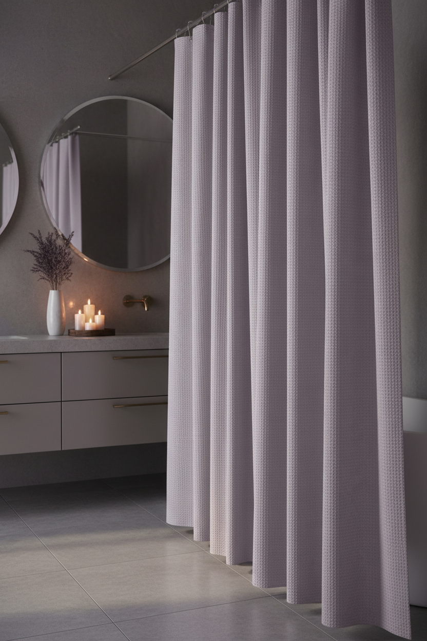 Moody editorial bathroom with lavender waffle shower curtain, round mirror, dried lavender and candlelight