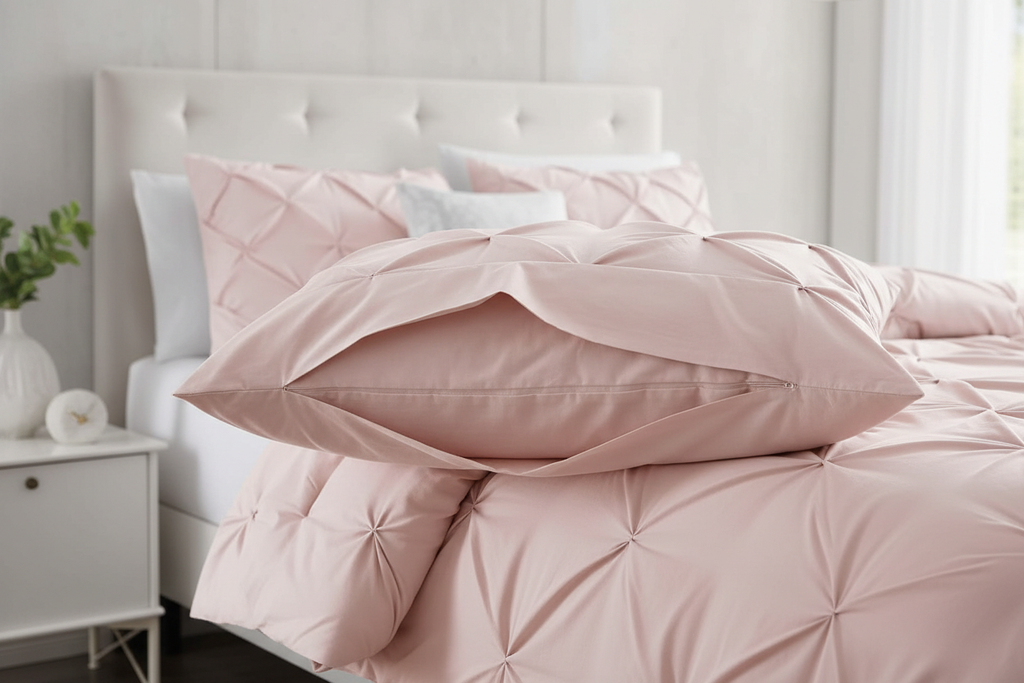 Detail of blush pink pintuck pillowcase showing pinch pleat diamond pattern and back overlap closure