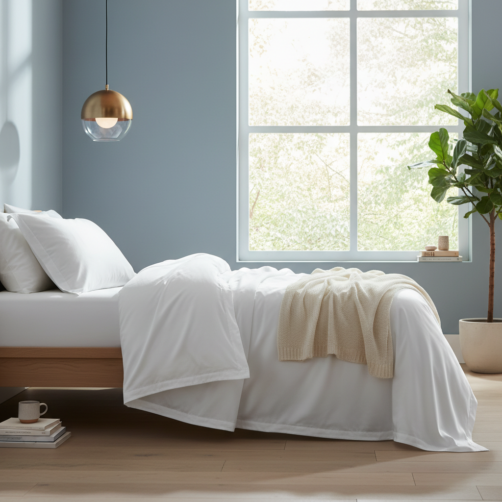 Bamboo Rayon White Sheet Set - 45 degree side view with draped flat sheet