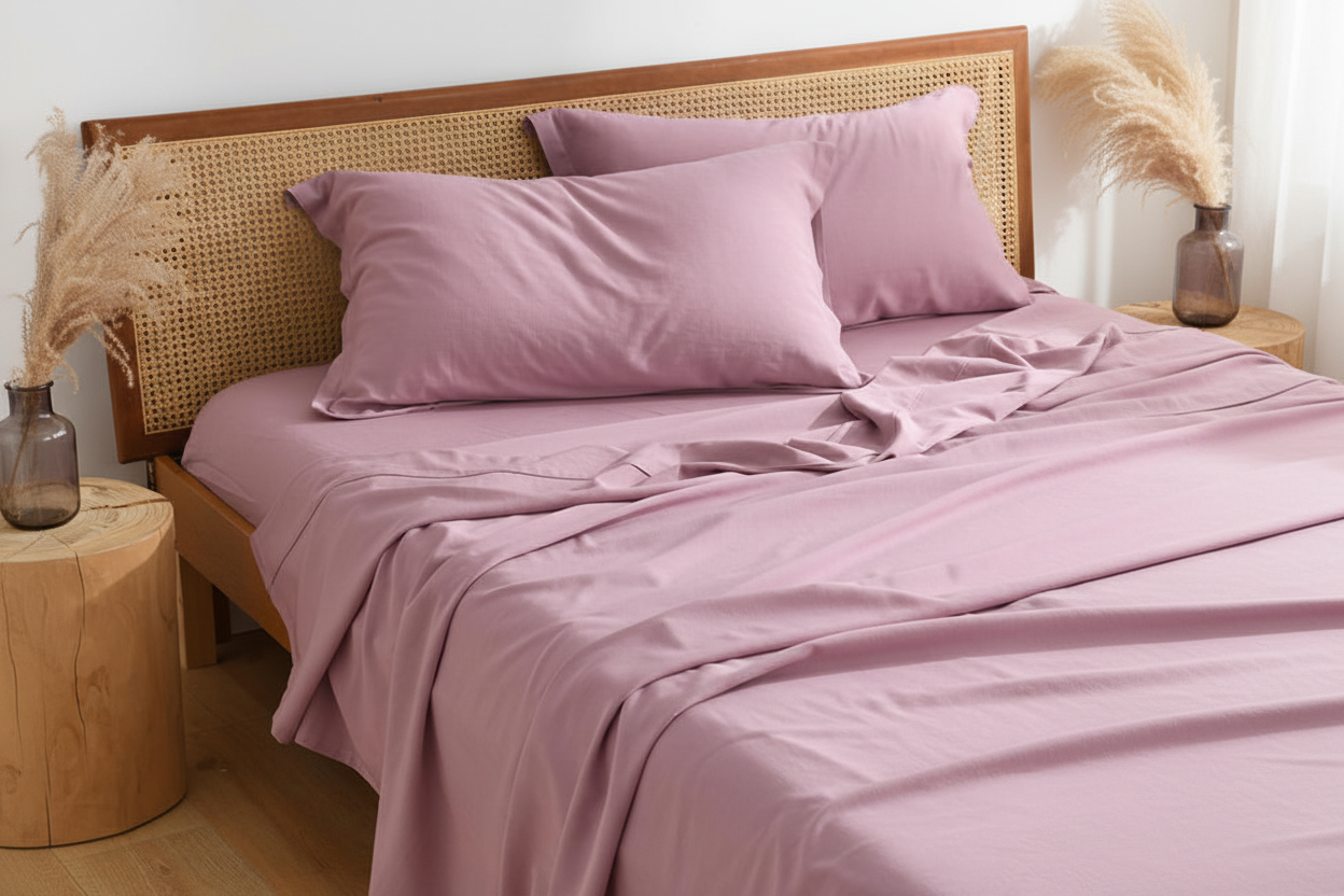 Lilac bamboo cotton linen blend sheet set side angle neatly tucked on king bed with rattan headboard