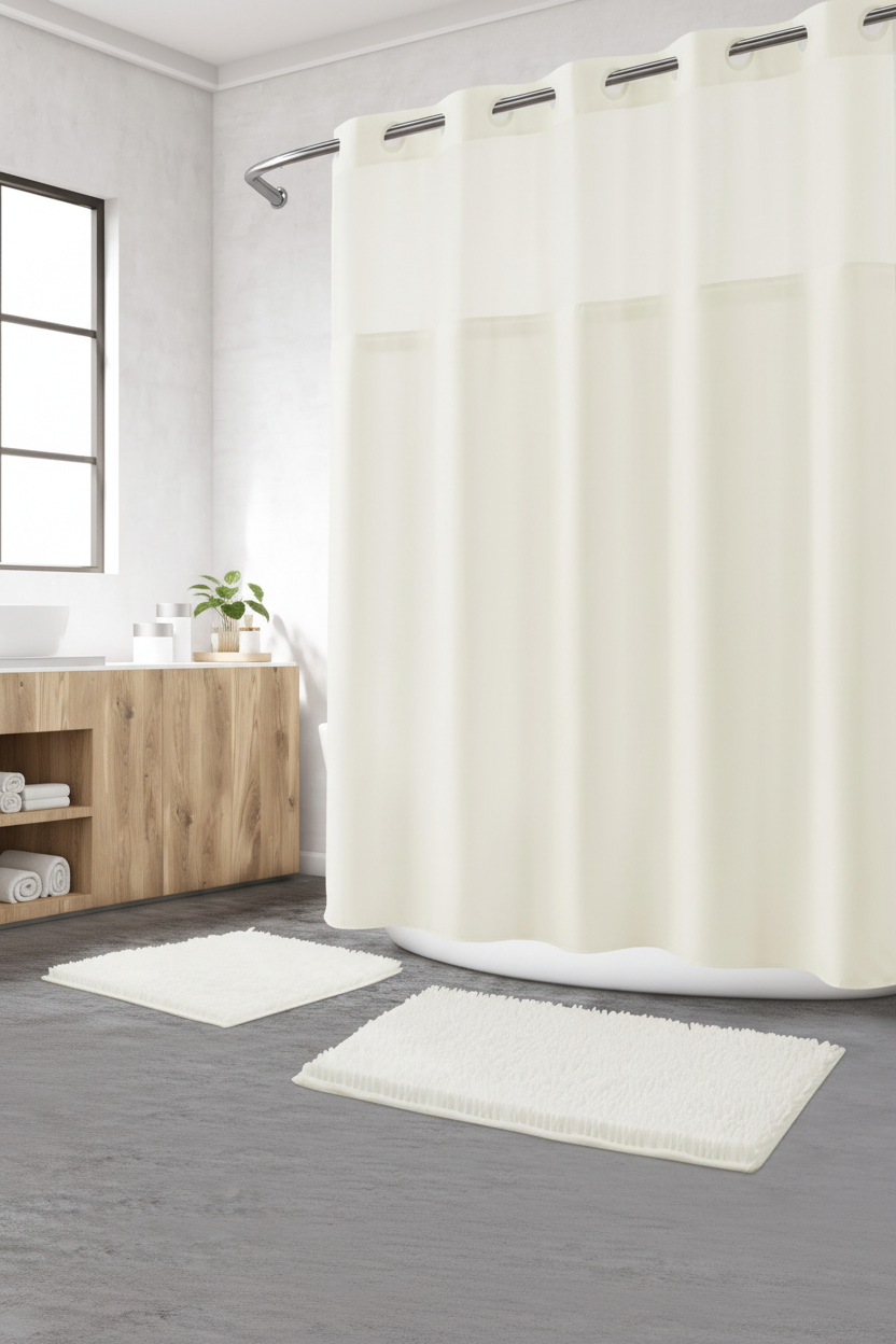 Wide Scandi bathroom with cream hookless shower curtain and matching chenille rugs, oak accessories