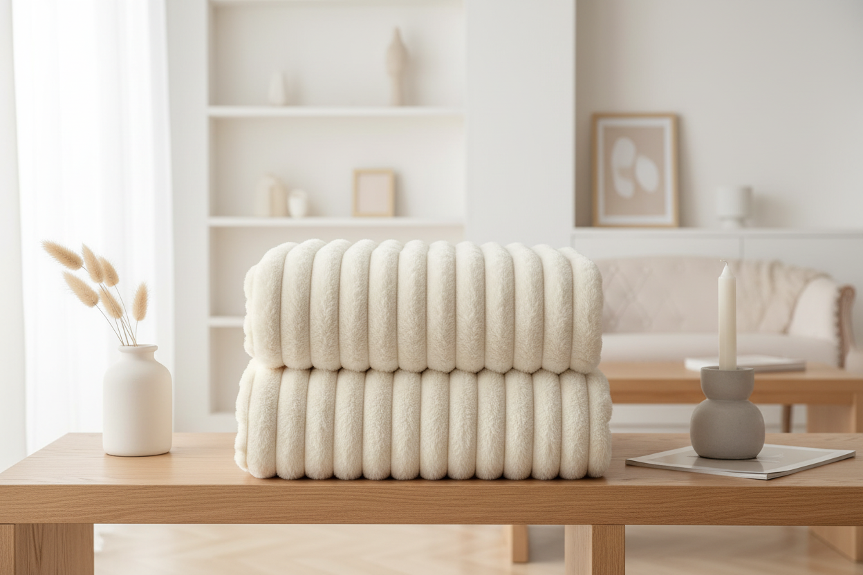 Striped Faux Fur Throw Blanket neatly folded on a wooden shelf