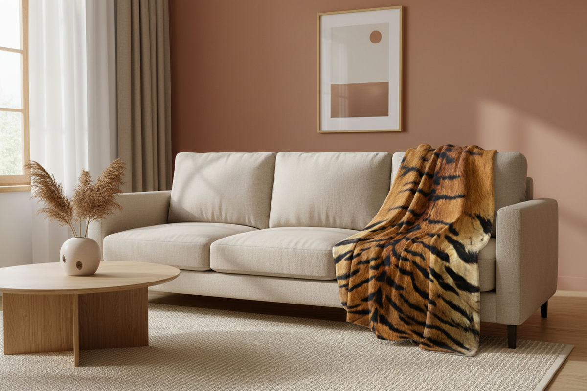 Tiger Flannel Throw Blanket draped over a neutral sofa in a modern living room